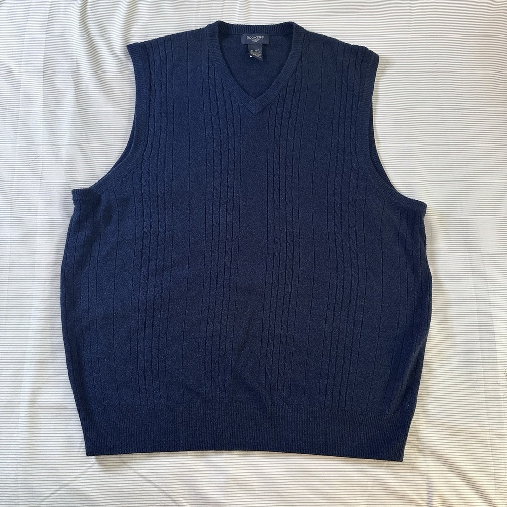 Dockers Cable Knit Sweater Vest Men's Size XL Navy Blue Preppy‎ Office Academia